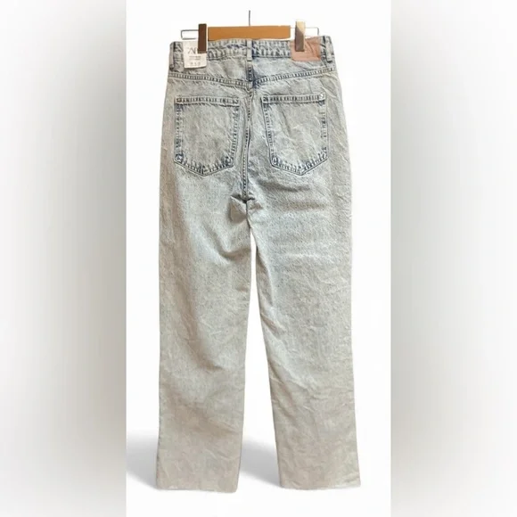 NWT ZARA Jeans Women Sz 6 High Rise Straight Leg Fringe Raw Hem Blue Denim Pants - Picture 2 of 9